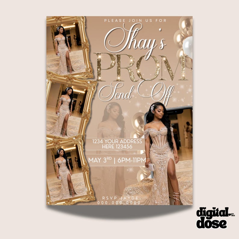 The image is a promotional flyer for a prom event, featuring a woman in a gold dress and surrounded by balloons.