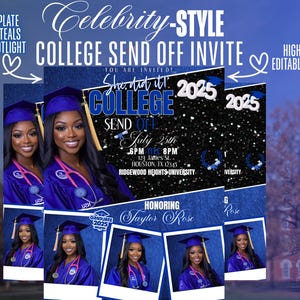 May include: A collage of graduation announcements in shades of blue and white. The design features photos of graduates in caps and gowns, with text that reads "College Send Off Invite" and "2025".