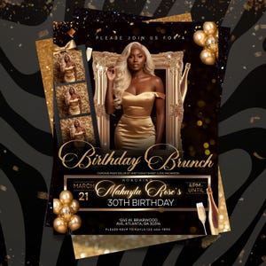 The image is a birthday party invitation featuring a woman in a gold dress, surrounded by gold balloons and confetti.