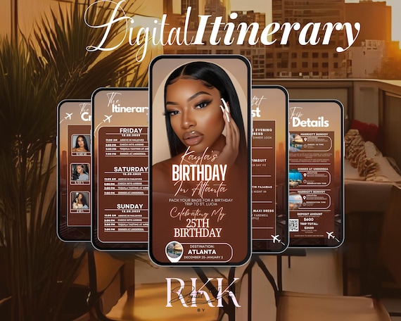 Editable Girls Trip Itinerary Template, Brown Glam Birthday Weekend Planner, Digital Canva Invite
