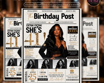 41st Birthday Invitation for Her, Elegant Newspaper Canva Template