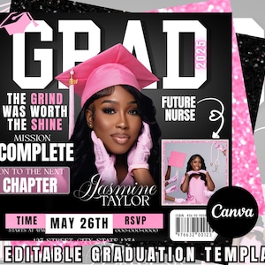 Grad Flyer Template | Mission Complete Graduation Canva Template | Pink Cap & Gown Editable Invite | Class of 2025 Flyer | Nurse Grad