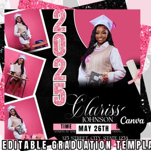 Volantino di laurea modificabile per la classe del 2025 / Modello per festa di laurea per studentesse rosa / Volantino di laurea per ragazze nere su Canva