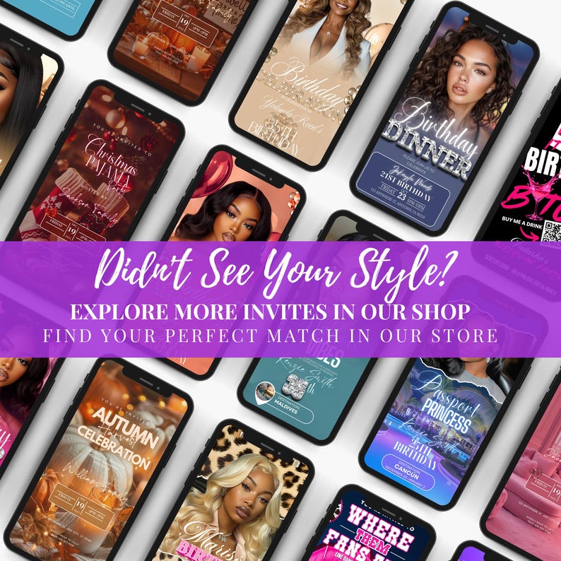 The image is a collage of various smartphone screens displaying different event invites, including birthday and dinner parties.