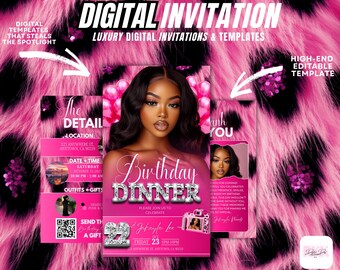 Pink Glam Birthday Dinner Invitation: Editable Canva Template