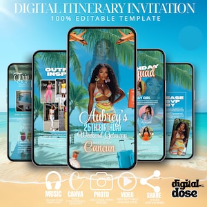Könnte beinhalten: Eine digitale Reiseplan-Einladungsvorlage mit dem Text "DIGITAL ITINERARY INVITATION" und "100% EDITABLE TEMPLATE". Die Einladung hat ein tropisches Thema mit Bildern von einem Strand, Palmen und einer Frau. Die Einladung ist für Aubreys 25. Geburtstagswochenende in Cancun.