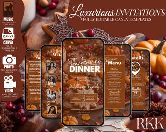 Puede incluir: Una plantilla de invitación digital para una cena de Acción de Gracias, con una combinación de colores marrón y naranja y gráficos con temas de otoño. El diseño incluye elementos de texto como "Thanksgiving Dinner" y "Dinner Menu". La plantilla es totalmente personalizable.