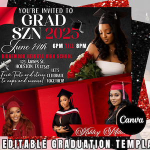 Könnte beinhalten: Bearbeitbare Einladungsvorlage für eine Abschlussfeier mit schwarzem Hintergrund und roten Glitzerakzenten. Der Text lautet "You're invited to Grad SZN 2025 June 14th 6PM till 8PM Ridgewood Heights High School 123 James St. Houston, TX 12345 From Tests and stress to caps and success! Let's celebrate together!" Die Vorlage enthält Platz für ein Foto des Absolventen.