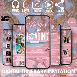 May include: A digital itinerary invitation template with a pink and white tropical theme. The design features smartphones displaying travel details, the text "Besties Trip Loading," and the destination "Aruba." Includes editable elements and Canva branding.