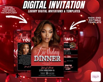 Glam Birthday Dinner Invitation: Editable Canva Template (Digital)