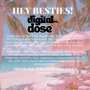 The image is a beach scene with palm trees, beach umbrellas, and a clear blue sky. The text in the image is a message from Digital Dose, expressing gratitude for support and a request for help with a question. The image does not contain any text that can be described in more detail, and it does not contain any specific visual elements that could be used to describe the image.