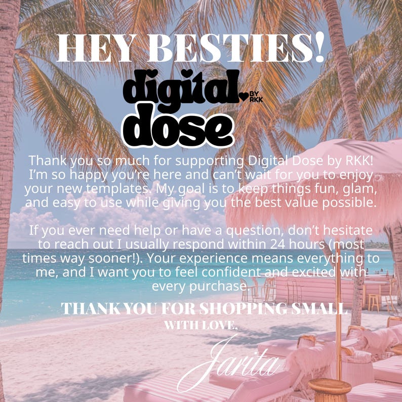 The image is a beach scene with palm trees, beach umbrellas, and a clear blue sky. The text in the image is a message from Digital Dose, expressing gratitude for support and a request for help with a question. The image does not contain any text that can be described in more detail, and it does not contain any specific visual elements that could be used to describe the image.