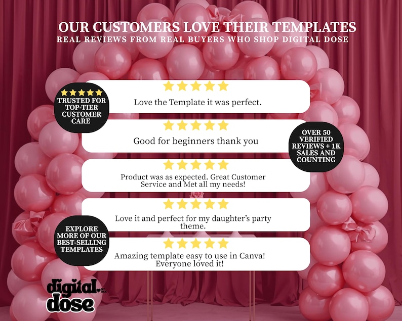 May include: An advertisement featuring a pink balloon arch with customer reviews. Text includes "Our Customers Love Their Templates" and "Real Reviews From Real Buyers Who Shop Digital Dose." Reviews are displayed with star ratings.