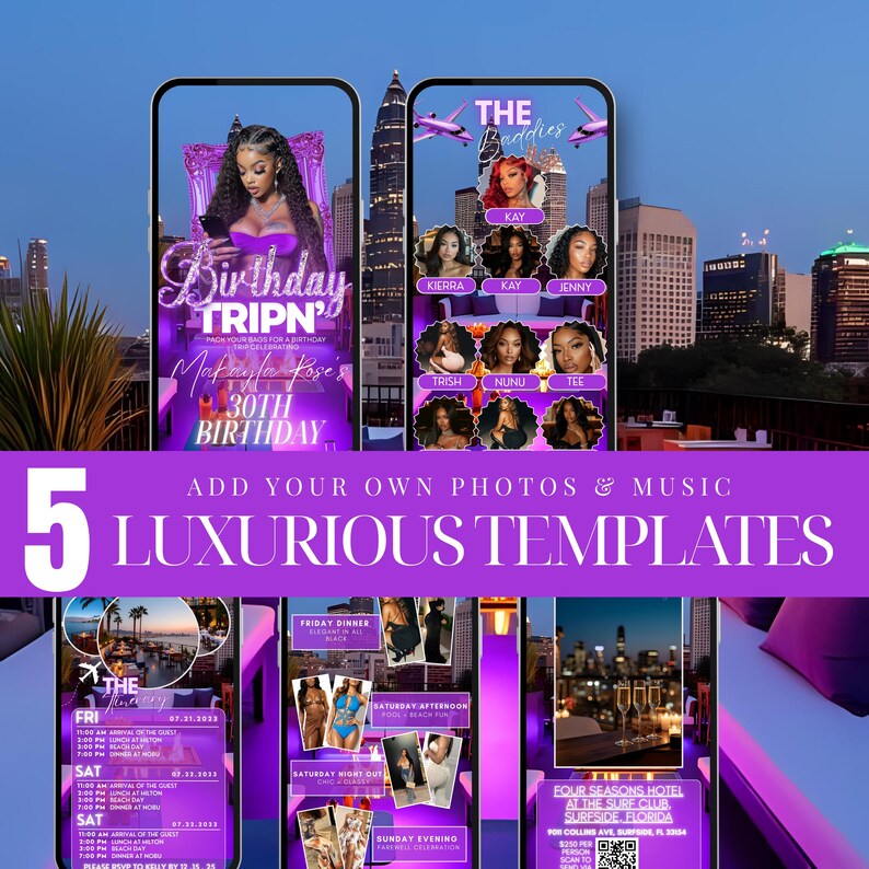 The image is a collage of various images, including a birthday party invitation, a city skyline, and a list of luxurious template designs. The text in the image is mostly in purple and white, with some black text. The main focus is on the birthday party invitation and the luxurious template designs.