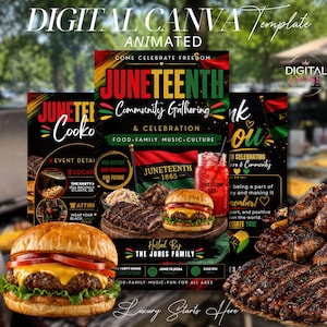 Puede incluir: Una plantilla digital de Canva para un folleto de reunión comunitaria de Juneteenth con una hamburguesa con queso, costillas a la parrilla y una bebida roja. El texto incluye Juneteenth, Community Gathering, Celebration, Food, Family, Music, Culture y The Jones Family.