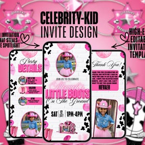 Cowgirl Birthday Invitation: Pink Glitter Stars (Digital Canva Template)
