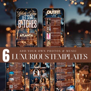 The image is a collage of six luxurious event invitation designs featuring various details about the events, such as dates, times, locations, and dress codes.