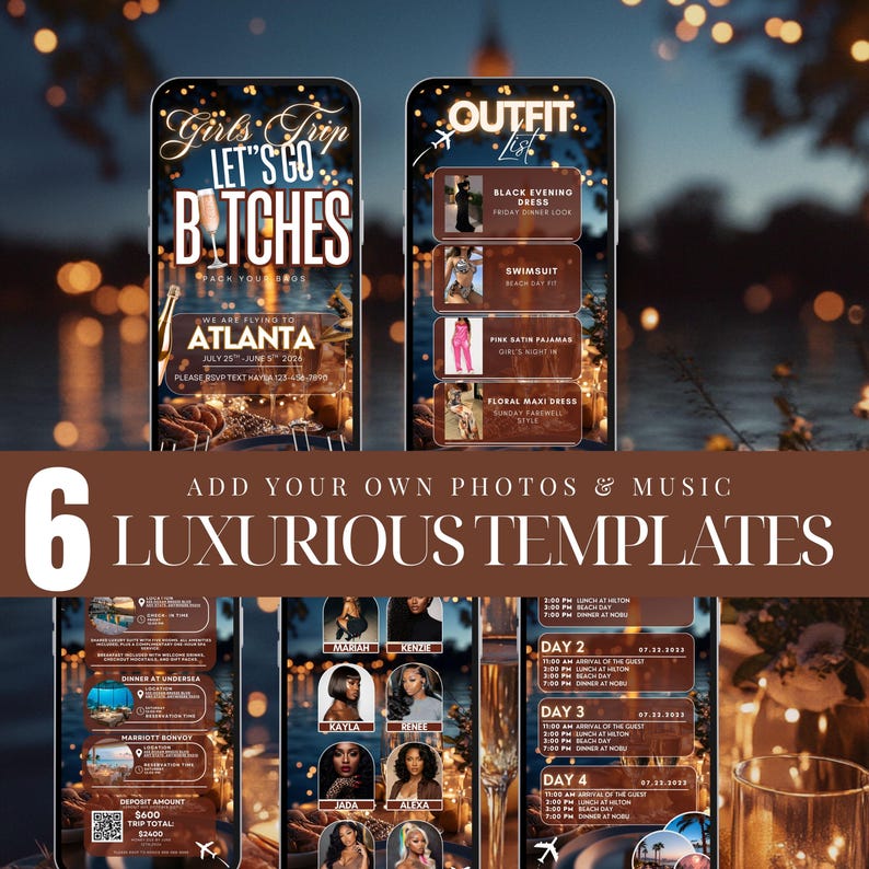 The image is a collage of six luxurious event invitation designs featuring various details about the events, such as dates, times, locations, and dress codes.