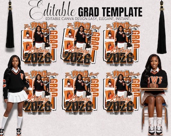 May include: A graduation template design with the text "Editable Grad Template" and "Kelsey 2026". The design includes a photo of a person in a graduation outfit, a tiger graphic, and the words "Home of the Tigers".