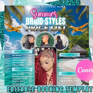 May include: A summer braid styles price list template with a tropical theme. The design features a blue sky, palm trees, and airplanes. It includes images of different braid styles and a pink Canva logo.