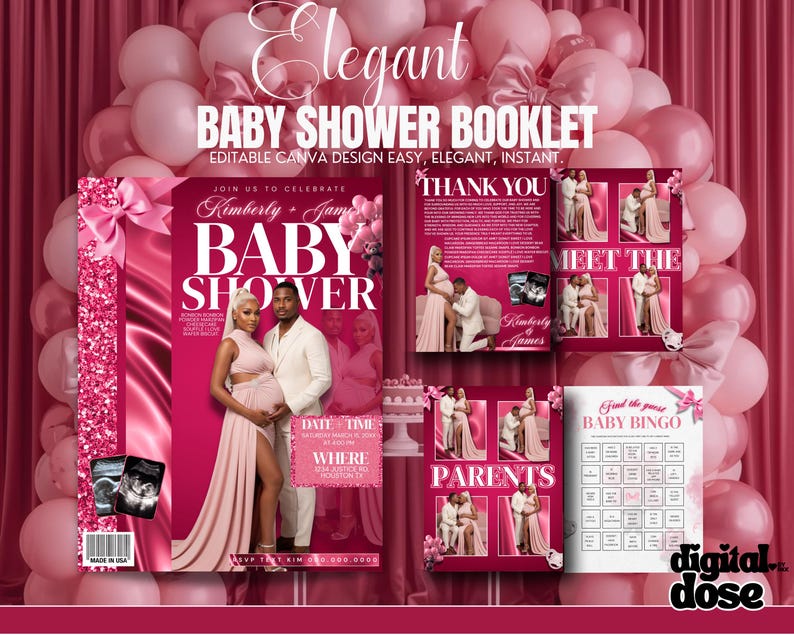 May include: A pink baby shower booklet set with a magazine-style cover featuring a couple. The set includes a thank you card, meet the parents card, and a baby bingo game. The text reads "Elegant Baby Shower Booklet".