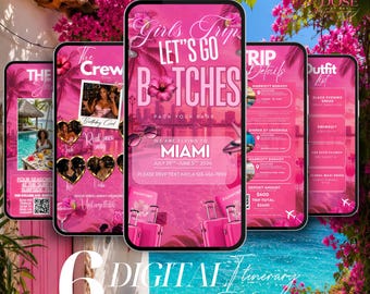 Modello Canva per itinerario di viaggio tra ragazze a Miami, invito di viaggio per compleanno rosa