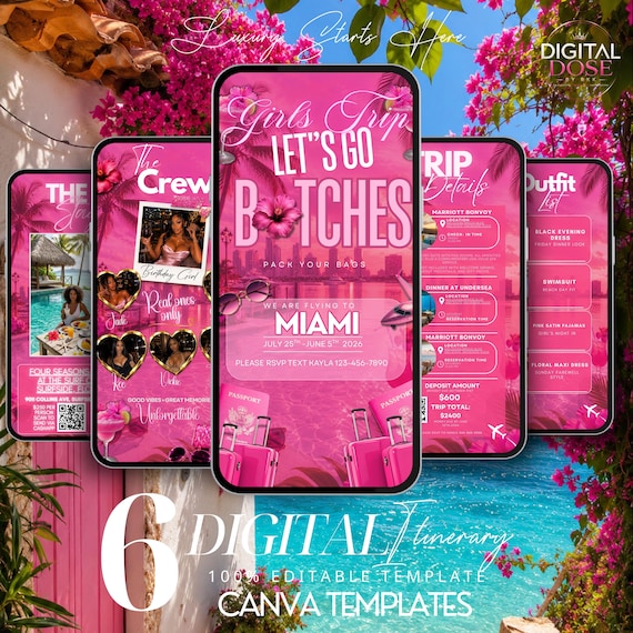 Miami Girls Trip Itinerary Canva Template, Pink Birthday Travel Invite