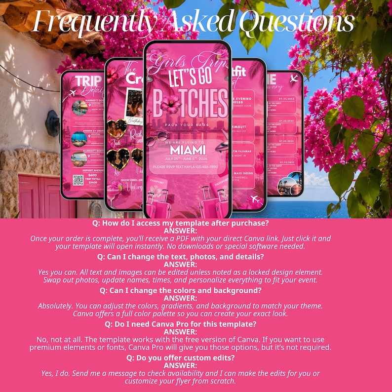 The image is a collage of four images, each with a different background and text. The collage is set against a pink background and features a tropical beach scene with palm trees and a clear blue sky.