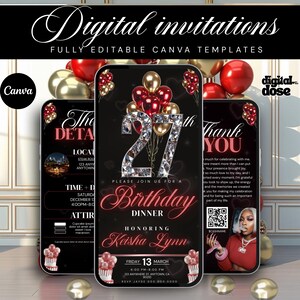 May include: Digital invitations with fully editable Canva templates. The design features a black background with red and gold balloons, and a large, sparkling "27" for a birthday. The invitation includes event details and a photo.