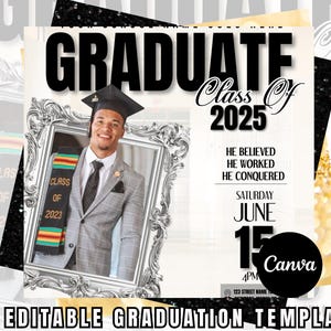 Flyer de Formatura Editável para Ele | Modelo de Festa de Formatura da Turma de 2025 no Canva | Convite de Formatura Kente para Homens Negros