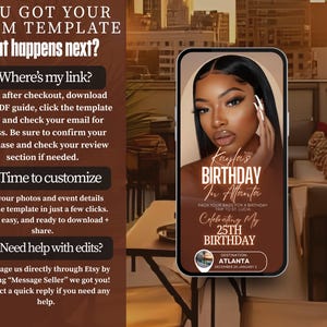The image is a promotional graphic for a birthday celebration, featuring a close-up of a woman's face with text and a phone displaying a birthday message.