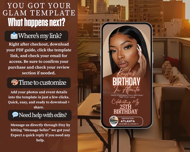 The image is a promotional graphic for a birthday celebration, featuring a close-up of a woman's face with text and a phone displaying a birthday message.