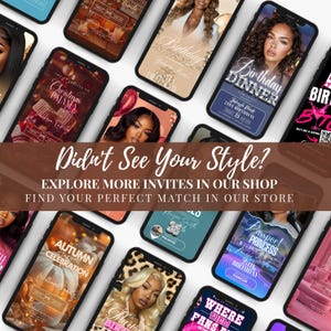 The image is a collage of various smartphone screens displaying different event invites, including birthday and dinner parties.