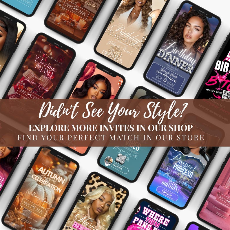 The image is a collage of various smartphone screens displaying different event invites, including birthday and dinner parties.
