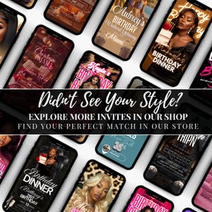 The image is a collage of various smartphone screens displaying different birthday party invites, including images of women and text descriptions of the events.