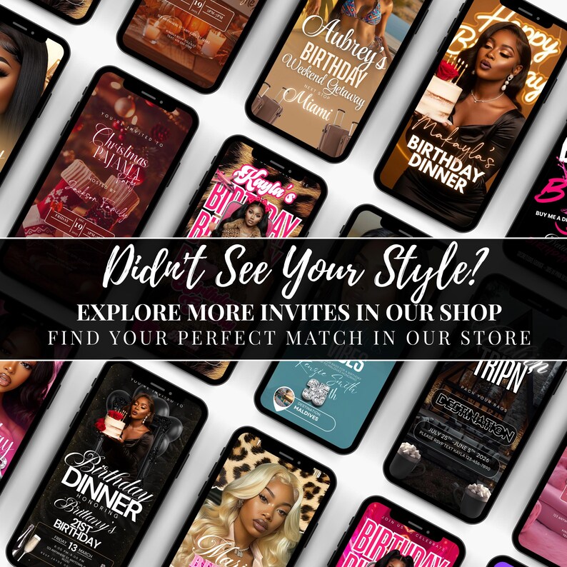 The image is a collage of various smartphone screens displaying different birthday party invites, including images of women and text descriptions of the events.