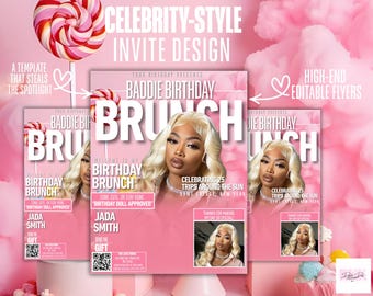 Baddie Birthday Brunch Invitation: Pink Glam Party Flyer (Canva Template, Digital Download