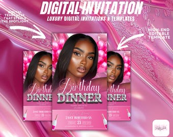 Pink Birthday Dinner Invitation, Glam Party Flyer (Digital Download)