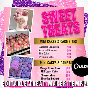 Süße Leckereien bearbeitbare Canva Flyer Vorlage | Menü Bäcker | Mini Kuchen & Dessert Preise | Digitaler Download