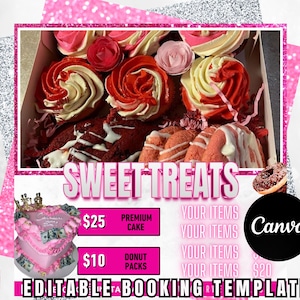 Sweet Treats Menu Flyer - Pink Glam bearbeitbare Canva-Vorlage für Bäcker, Leckereihersteller und Dessertläden
