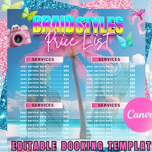 Braid Styles Price List Flyer Template | Editable Canva Booking Flyer | Pink & Blue Summer Hair Price List | Digital Salon Template