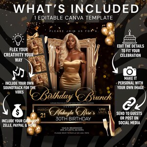 The image is a promotional poster for a birthday celebration, featuring a woman in a gold dress and a gold frame. The poster includes text and images that provide details about the event, such as the date, time, location, and the woman's name.