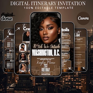 May include: Digital itinerary invitation template with a dark brown background. The invitation features a photo of a woman and text that reads "B*tch We Outside Washington, D.C." and "Kaylee Moore 21st Birthday". Additional screens show itinerary details.
