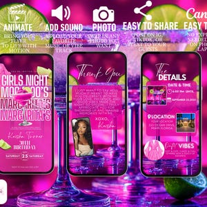 The image is a promotional poster for a party or event, featuring a pink and purple color scheme with a focus on a glass of margarita. The poster includes text and images related to the event, such as a "Thank You" message, a location description, and a photo of a woman.