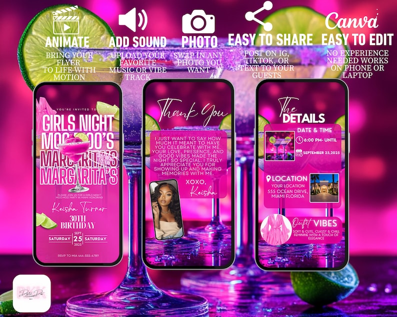 The image is a promotional poster for a party or event, featuring a pink and purple color scheme with a focus on a glass of margarita. The poster includes text and images related to the event, such as a "Thank You" message, a location description, and a photo of a woman.