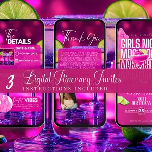 three digital invitation screens with various details and instructions for a party or event.