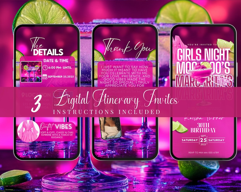 three digital invitation screens with various details and instructions for a party or event.