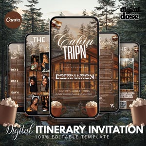 May include: A digital itinerary invitation template featuring a cabin theme. The design includes images of a cabin, travel details, and photos. The text includes "Cabin Tripn", "Destination", and "100% Editable Template". The background shows a forest.