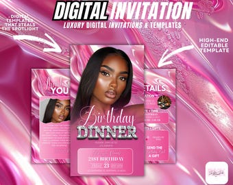 Pink Glam Birthday Dinner Invitation Template | Editable 21st Birthday Party Invite | Digital Download | Canva Template