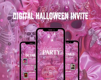 May include: Three smartphones displaying a pink digital Halloween party invitation. The invitation design includes pumpkins, spiderwebs, and event details. The background features pink Halloween-themed decorations and the text "DIGITAL HALLOWEEN INVITE".